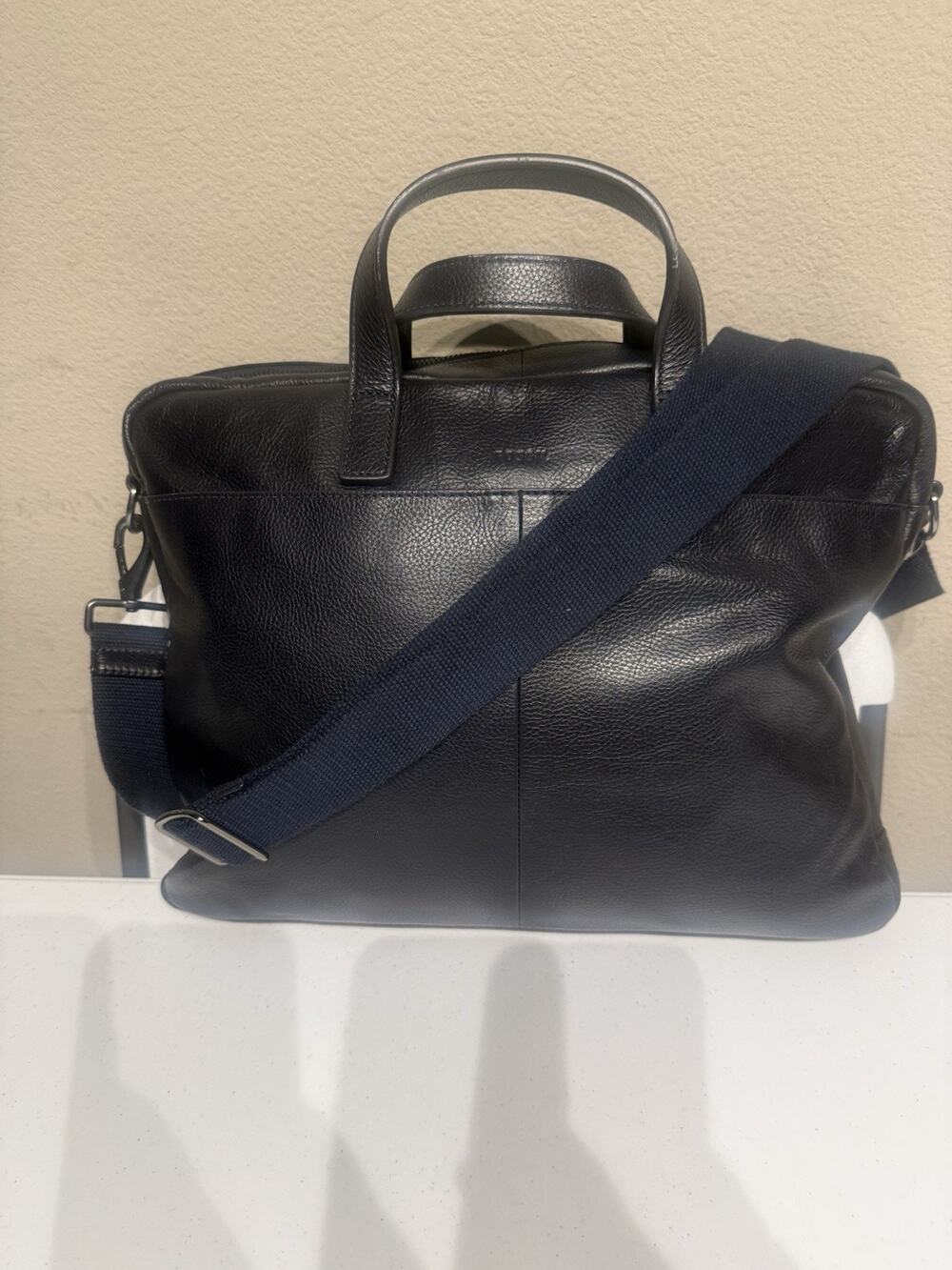 Fossil Navy Blue Genuine Leather Briefcase Laptop Messenger Bag Shoulder Strap